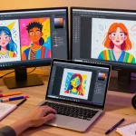 Artist utilizing the nano banana AI image editor in a vibrant digital workspace.