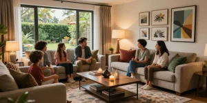 Cozy living room showcasing modern style with a family gathering.