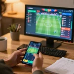 The player analyzes tỷ lệ kèo nhà cái 5 while using a smartphone for sports betting at a cozy home setup.
