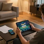 Berinteraksi dengan Boba99 Login melalui pengaturan permainan rumah yang mengundang dengan tablet.