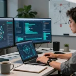 快连 - 网络安全分析师在现代科技办公室环境中审查网络指标，专注于数据保护和加密。