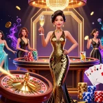Win big at MM88 with an elegant Asian woman holding champagne, surrounded by casino elements.