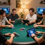 Engaged players enjoying an online poker game at home showcasing 789winlem's thrilling gaming experience.