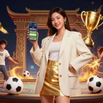 Betting on xx88 space, an Asian woman with a smartphone showcasing a vibrant sports app.