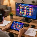 SUNWIN TRANG CHỦ user actively engaging in online gaming with tablet, displaying vibrant casino app interface.