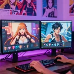 Engaging in ai ecchi chat with colorful anime characters in a vibrant gaming setup.