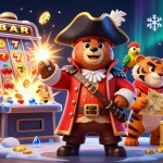 Experience judi excitement with the animated pirate bear and tiger near a dazzling slot machine.