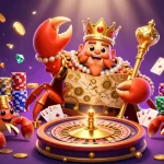 SC88 showcases a golden crab emperor amidst cascading coins and colorful poker chips in a vibrant casino scene.