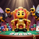 Engage with nhà cái mb66 through this vibrant illustration of a poker showdown with a bumblebee mob boss.