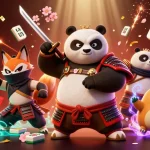 Engage with 777 in this vibrant scene featuring a samurai panda and ninja fox in a dynamic casino setting.