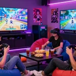 Friends enjoying multiplayer hentai games in a vibrant gaming lounge.