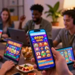 Players enjoying slot depo 1000 games on their devices in a lively home environment