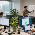 Team collaborating on age verification system solutions in a modern tech workspace