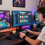Gamer asyik bermain 68 game bài dengan monitor dan peralatan modern di meja gaming