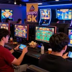Exciting slot games and players engaging in slot depo 5k action in a vibrant gaming lounge.