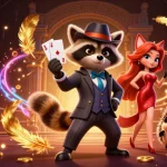 Alo789 showcases a dynamic casino scene with a suave raccoon, a fox, and a hedgehog amidst vibrant gambling elements.