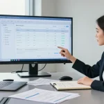 Detect fraud invoice visualization with a professional analyzing digital invoices in a modern office.