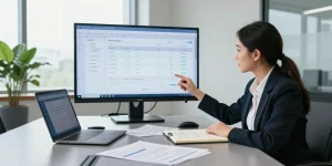 Detect fraud invoice visualization with a professional analyzing digital invoices in a modern office.