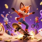 Engage with the casino fun at 8sc88 featuring a lively 3D fox and rabbit in a vibrant setting.