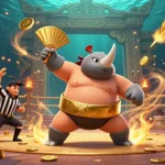 SV368 showcases a winning beetle champion in a dramatic sumo match, sending coins flying, in a vibrant casino setting.