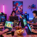 Engaged gamers playing popular hentaigames on various devices in a vibrant room.
