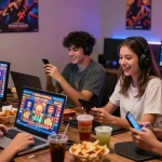 Players enjoying situs slot deposit tanpa minimal in an upbeat gaming scene with mobile screens, snacks, and excitement.