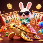 Spin and win with thailand slot as lucky characters ride a golden sea turtle through vibrant scenes.