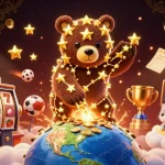 Ini adalah ilustrasi tentang biolabet login yang menampilkan bintang beruang mengumpulkan koin dari Bumi dan simbol permainan slot.