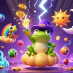 Experience thrilling gameplay with LLWIN in this vibrant 3D illustration featuring a wizard frog surrounded by golden coins.