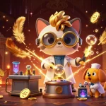 Memenangkan taruhan toto macau dengan slot berupa koin emas dan elemen kasino mengelilingi kucing ilmuwan dan anjing asistennya yang setia.