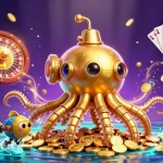 Permainan slot online yang menarik dengan simbol keberuntungan dan koin emas yang bertebaran.