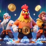 Engage in ทดลองเล่นบาคาร่าsa with a vibrant 3D scene of gaming icons, characters, and crypto elements.