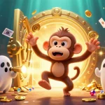 Experience the thrill of 23win as a mischievous ghost monkey juggles riches in a vibrant casino scene.
