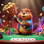 Experience the excitement of lx88 with a cartoon beaver and friends in a vibrant casino scene.