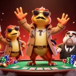LLwin raptors sneaking into VIP lounge with poker chips and cards, showcasing casino excitement