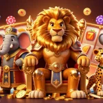 llwin casino illustration showcases a lion king on a throne of gold, surrounded by slots and poker elements.