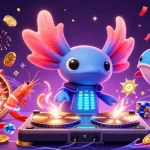 Engage with Raja game through vibrant illustration of a neon axolotl DJ amid exciting casino elements.