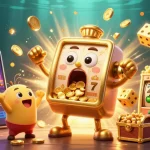 Kuvin's lively scene showcases a golden slot machine hitting the jackpot with coins pouring out, surrounded by cheerful baby slots and festive decorations.