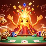 Experience thrilling gaming with UK88 featuring a golden volcano, poker elements, and vibrant treasures.