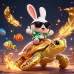 Win big with 123b at the vibrant casino adventure featuring cartoon characters and golden treasures.