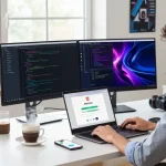 Download WPS Office software in a modern workspace with dual monitors and coffee.