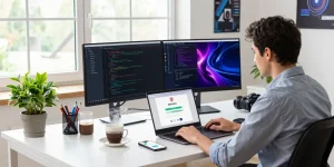 Download WPS Office software in a modern workspace with dual monitors and coffee.
