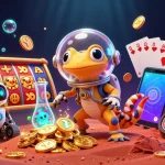 xn88 slot game excitement illustrated by a Martian gecko exploring a golden casino with vibrant game elements.