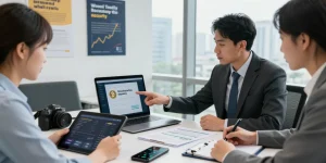 Professionals strategizing to recover lost crypto assets in a bright office environment.