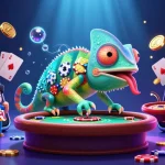 Engage with lode88 at this vibrant casino scene of a chameleon owner amidst dynamic gaming elements.