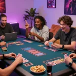 Friends enjoying rikvip card games online in a colorful gaming space.