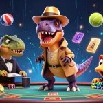 Experience the thrill at Zoccer Casino with a cartoon velociraptor at a blackjack table amid action-packed sports elements.