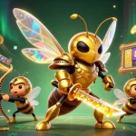 Engaging illustration showcasing Luck88, a lively golden hornet in samurai armor with dynamic slot elements, capturing the casino excitement.