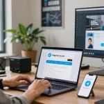 Get a glimpse of telegramin-cn.com in a modern tech workspace, showcasing Telegram's interface and devices.