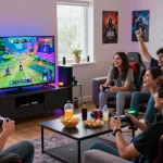 Exciting Iwin gaming party in a modern living room with diverse players enjoying competitive multiplayer games.